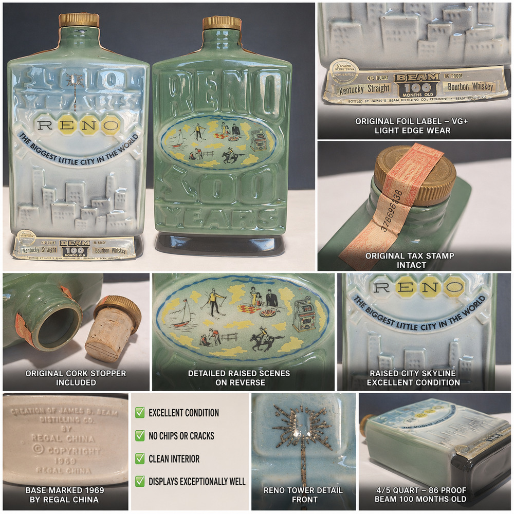 Jim Beam Reno Nevada Biggest Little City Decanter 1969 Regal China Empty NICE!